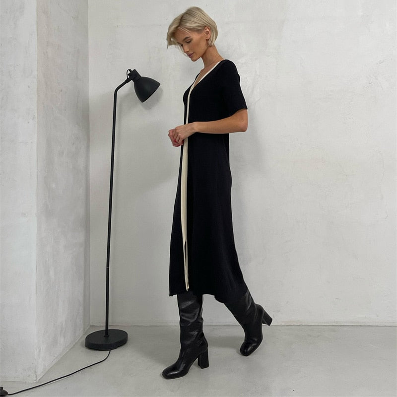 flowersverse Black White Casual Elegant Vintage Short Sleeve Long Dress Korean Fashion Style Knitted Slim Maxi Dresses For Women Summer