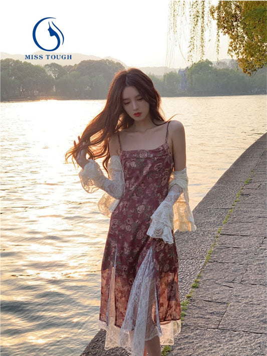 flowersverse Back to school outfit French Floral Vintage Strap Dress Women Chic Elegant Lace Sexy Fashion Fairy Dress Beach Style 2 Piece Dress Set Summer
