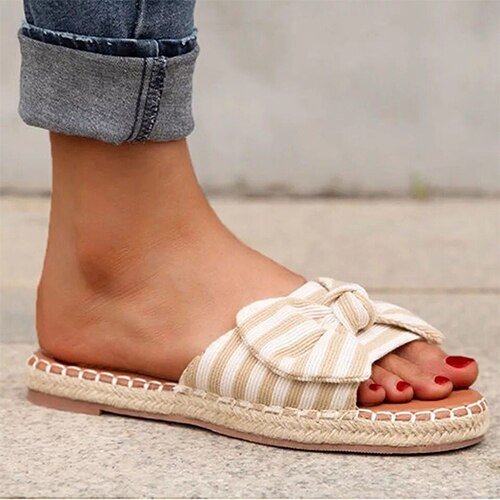 Back to school flowersverse Women's Bow Slippers Summer Ladies Sandals Flat Woman Stripe Open Toe Slides Female Beach Shoes Women Slip On Footwear