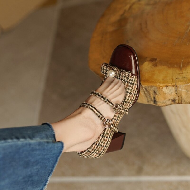 flowersverse Spring/Autumn Women's Shoes Round Toe Chunky Heel Pumps Cotton Fabric Lattice High Heels Genuine Leather Retro Mary Janes