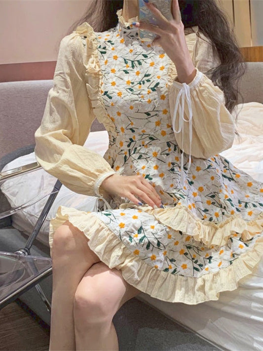 flowersverse Back to school outfit Lolita Floral Y2K Mini Dress Women Long Sleeve Sweet One Piece Dress Korean Style Casual Kawaii Short Party Dress Spring