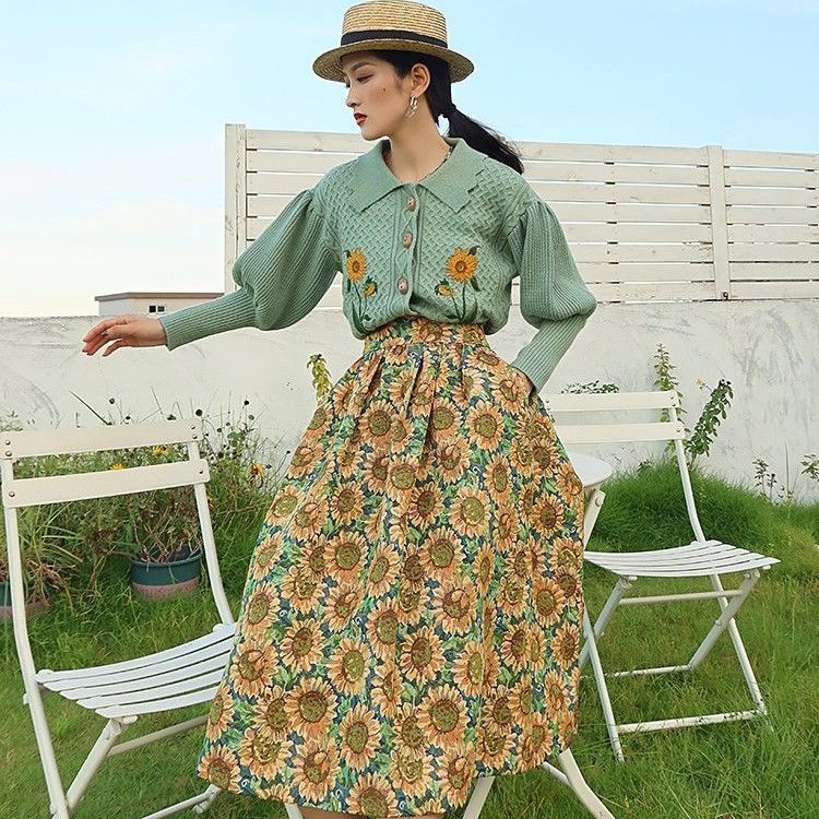 flowersverse Back to school outfit Van Gogh Skirt Spring Autumn New Style Cover Meat Slimming Retro Elegant Sunflower Jacquard High Waist Skirts