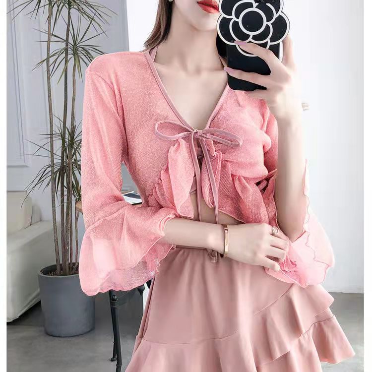 flowersverse 3 Piece Bikini Set Korean Cute Swimsuit Women Underwire Ruffle A-Line Skirt High Waist Bikini Cover Up See Through Bikinis