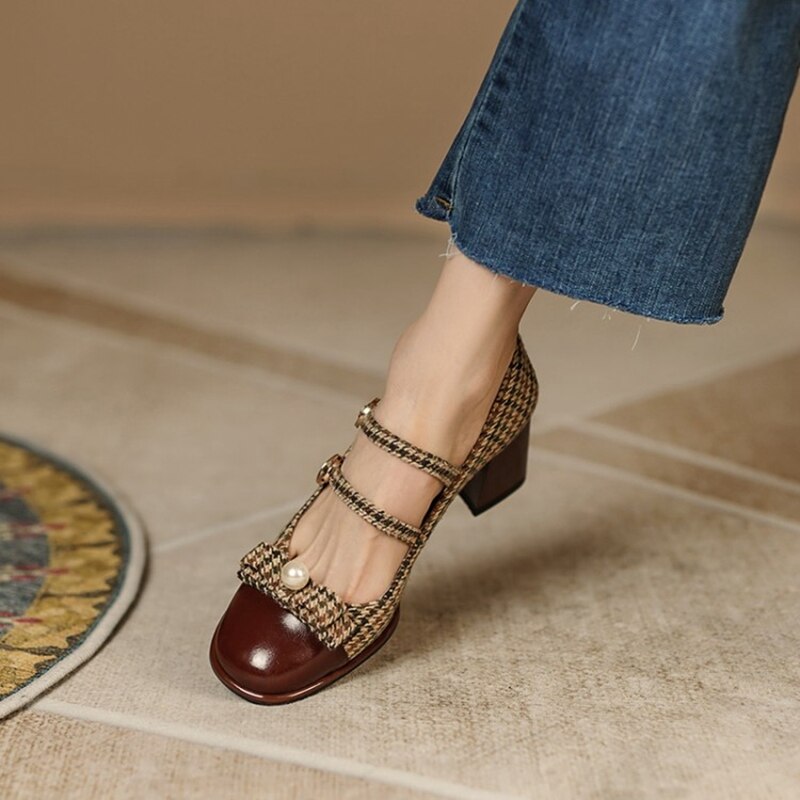 flowersverse Spring/Autumn Women's Shoes Round Toe Chunky Heel Pumps Cotton Fabric Lattice High Heels Genuine Leather Retro Mary Janes