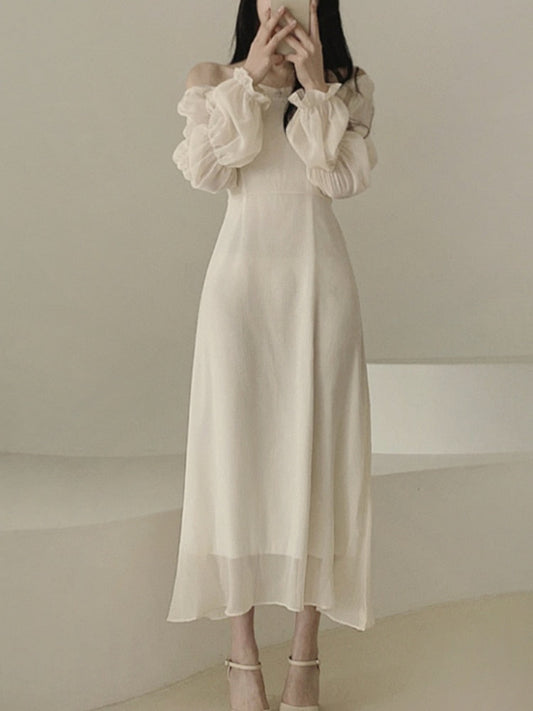 flowersverse Autumn Slim Bodycon Chiffon Dress Women Solid Elegant Casual A-Line Wedding Party Robe Chic One Pieces Female Vestidos Mujers