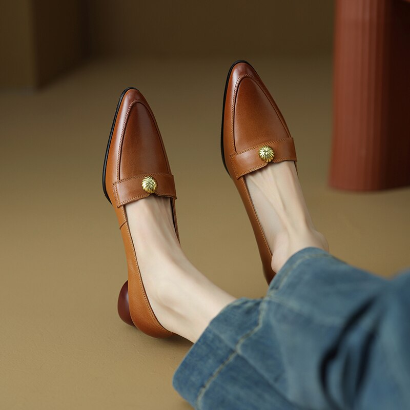 Back to school new Spring women pumps natural leather 22-24.5cm cowhide upper pointed toe metal Vintage loafers round heels women's shoes