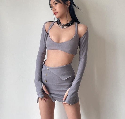 flowersverse 3 Piece Set Long Sleeve Crop Top And Mini Skirts Matching Sets Sexy Outfits For Woman Dress Sets N95-DI42
