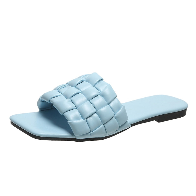 flowersverse Design Weave Soft Slippers for Women Summer Orange PU Leather Beach Flip Flops Female Square Toe Flat Sandals Plus Size 43