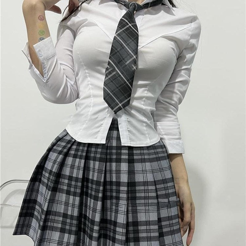 Back to college Slim Basic White Shirt Women Tunics Vintage Cute Korean Style Long Sleeve School Shirt Girls Casaul Jk Uniform Tops