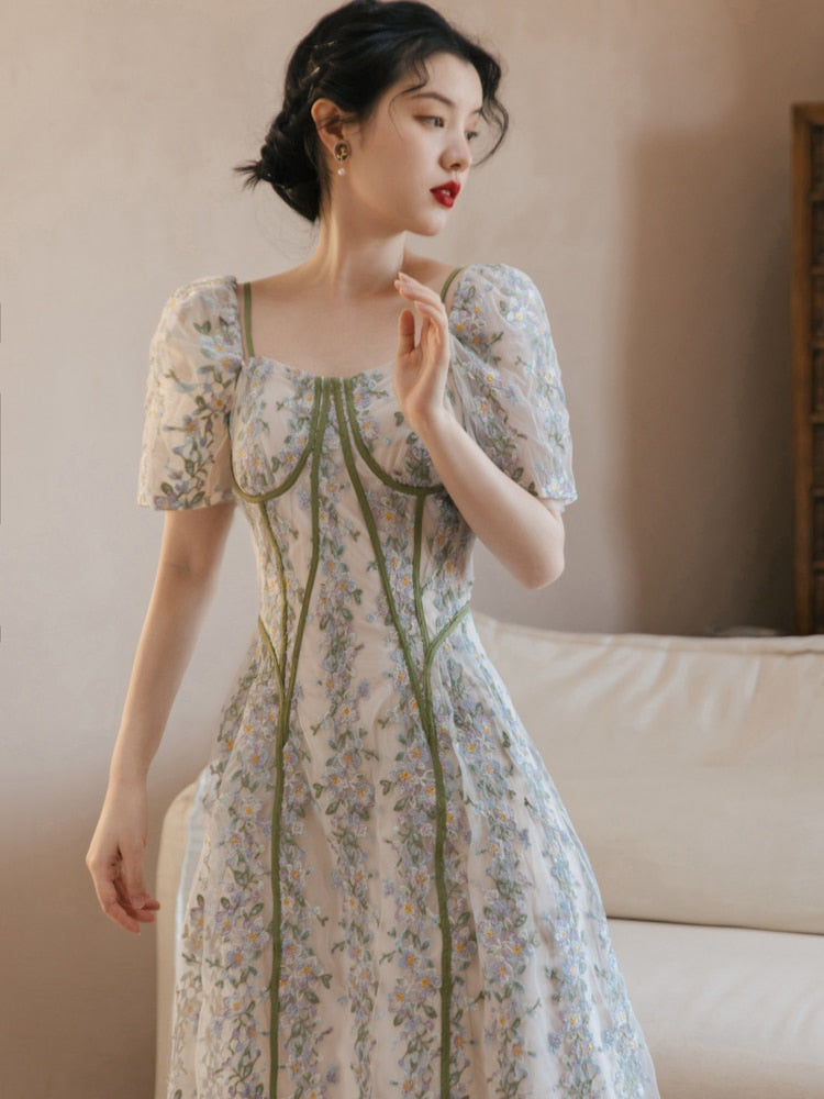 flowersverse Back to school Summer Woman Chic Dress Vintage French Style Embroidery Floral Puff Sleeve Mesh Fairy Dresses For Date Pary Night Vestido Festa
