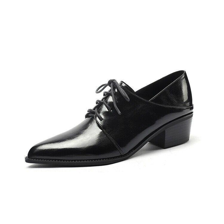 flowersverse Spring/Autumn Women Shoes Pointed Toe High heels Split Leather Chunky Heel Women Pumps Retro Lace Up Black Shoes for Women