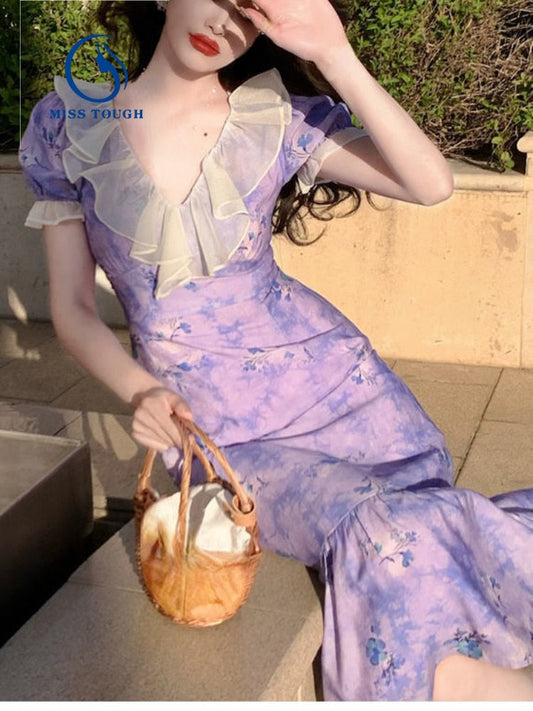 flowersverse Back to school outfit Korea Fashion Floral Dress Fairy Elegant Chic Ruffle Short Sleeve Casual Midi Dress Vintage Even Party Summer Dress Women