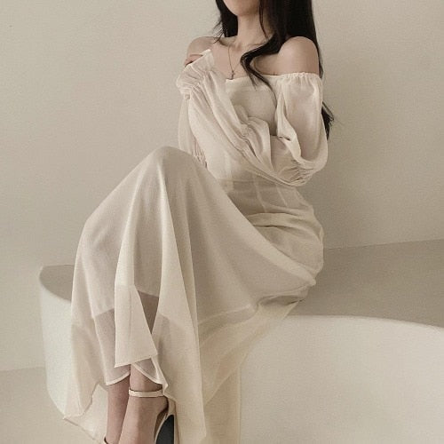 flowersverse Autumn Slim Bodycon Chiffon Dress Women Solid Elegant Casual A-Line Wedding Party Robe Chic One Pieces Female Vestidos Mujers