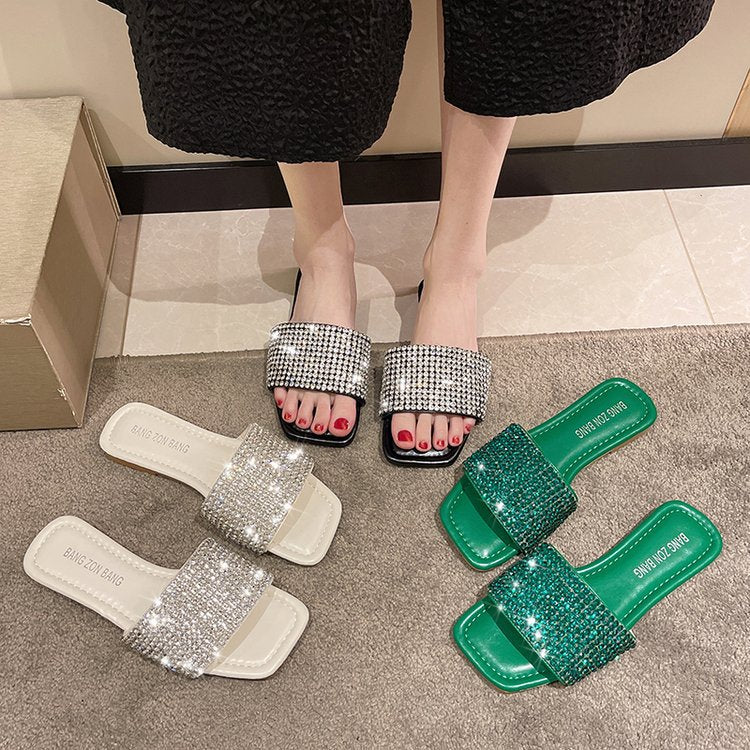 flowersverse Summer Rhinestone Slippers New Women Fashion Wild Beach Flip Flops Bright Flat Bottom Outdoor Sandals For Women Shoes