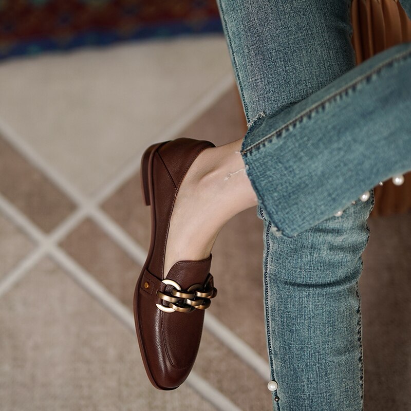flowersverse New Women Chain Loafers 22-25cm Low Heels Genuine Leather Round Toe Slip on Loafers Ladies Cozy Casual Spring Shoes