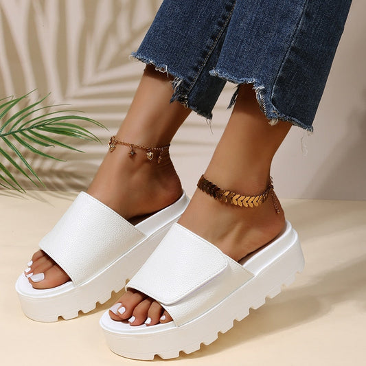 flowersverse Black PU Leather Platform Slippers Women Plus Size 43 Thick Soled Sandals Woman Summer Non-slip Slides Shoes Female