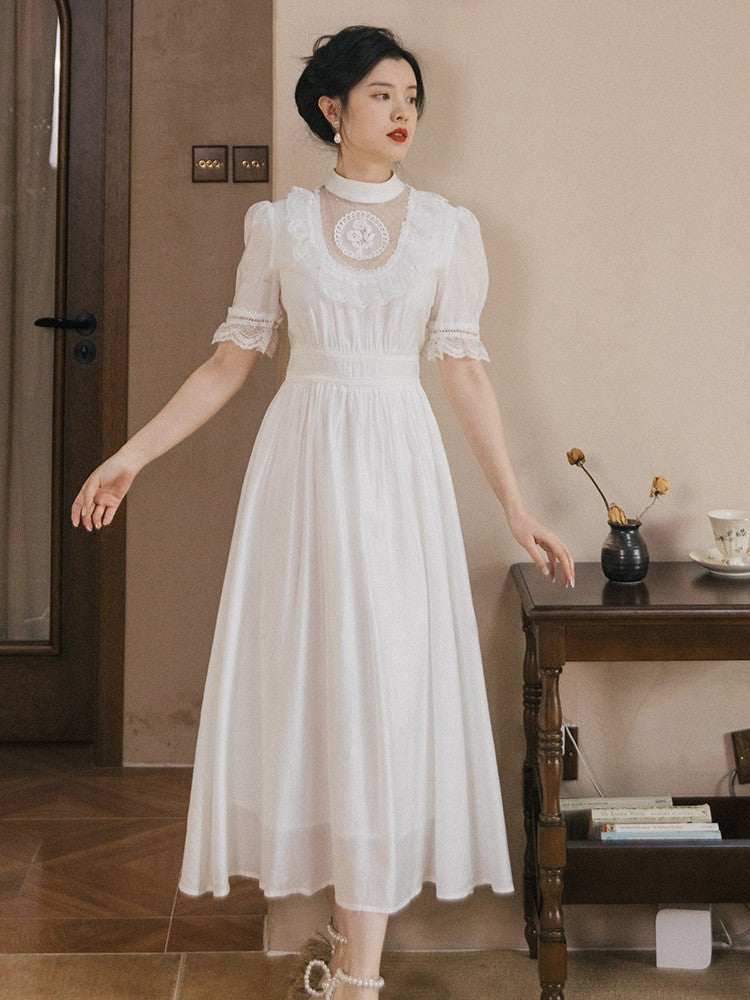 flowersverse Back to school outfit Summer Woman Elegant White Dress Romantic Vintage Lace Puff Sleeve Gorgeous Princess Dresses Vestido Blanco Robe Blanche Femme