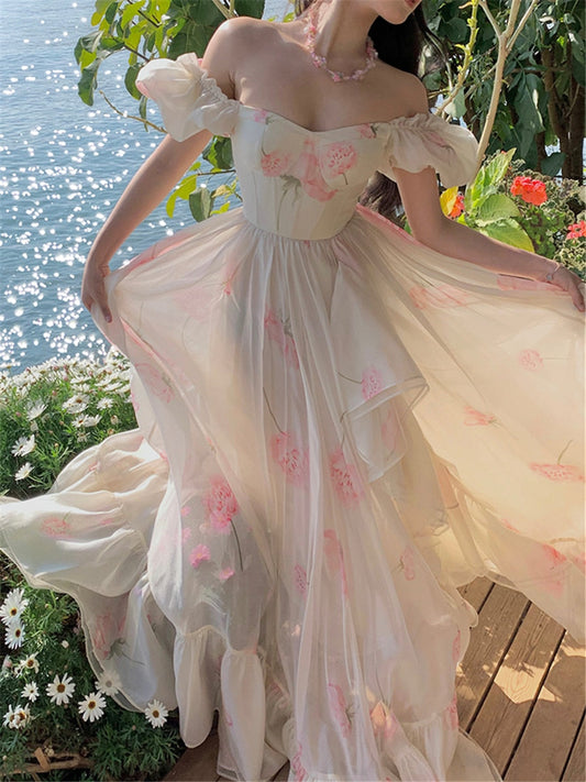 flowersverse Beach Long Dress Women Elegant Korean Summer New Puff Sleeve Fashion Evening Party Ladies Vintage Female Holiday Clothes