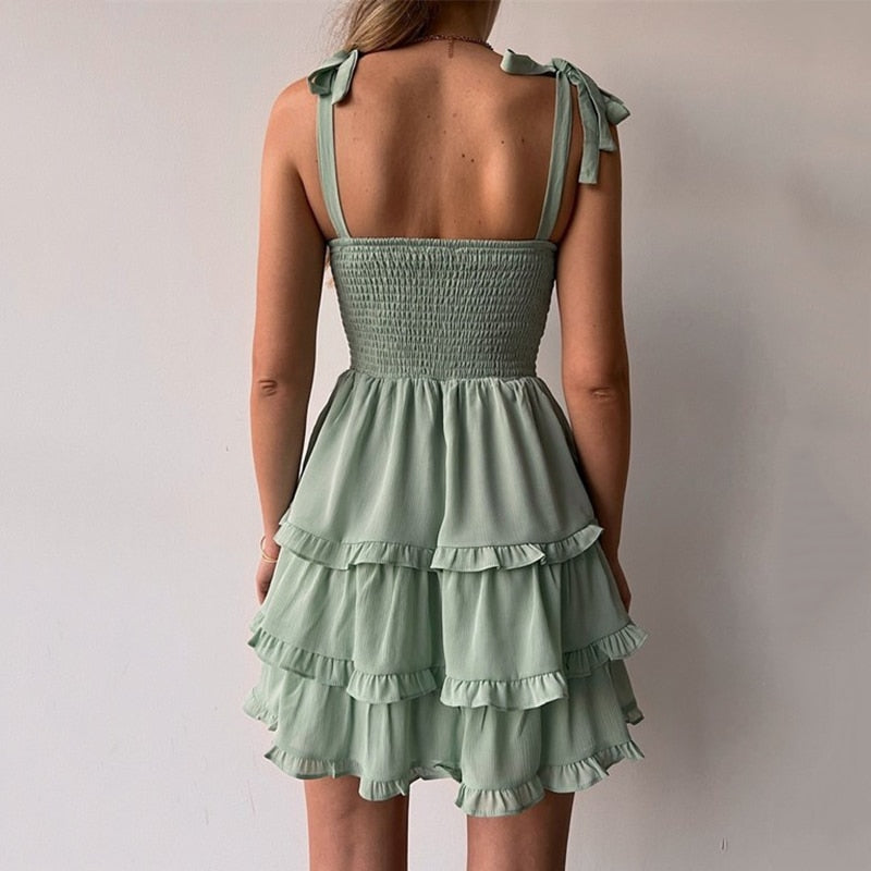 Back to college Layered Lotus Leaf Bodycon A-Line Summer Mini Dresses For Women Sleeveless Backless Party Spaghetti Dress Vestido