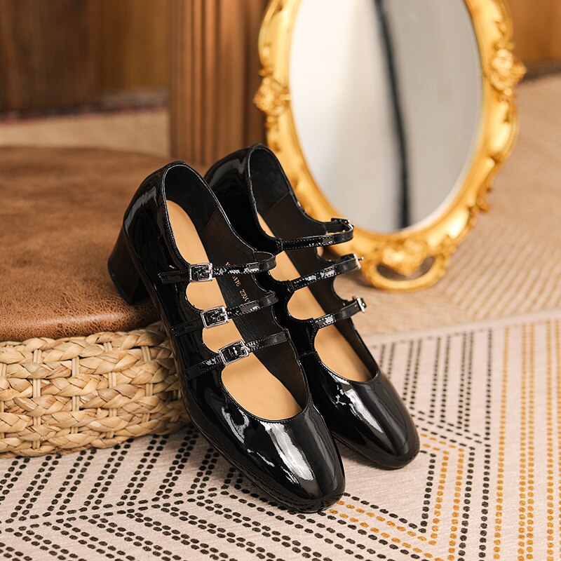 Back to school new Women's pumps Natural Leather 22-24.5cm Cow patent leather upper square toe Mary Jane shoes full leather shoes