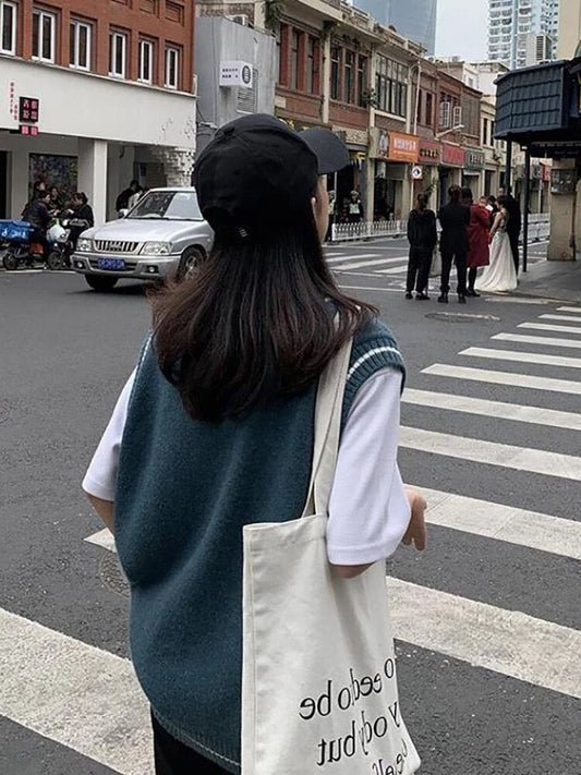 flowersverse Autumn And Winter Women Knitted Sweater Vest Simple Classic BF Outwears Patchwork Korean Style V-Neck All-Match Sleeveless Vest