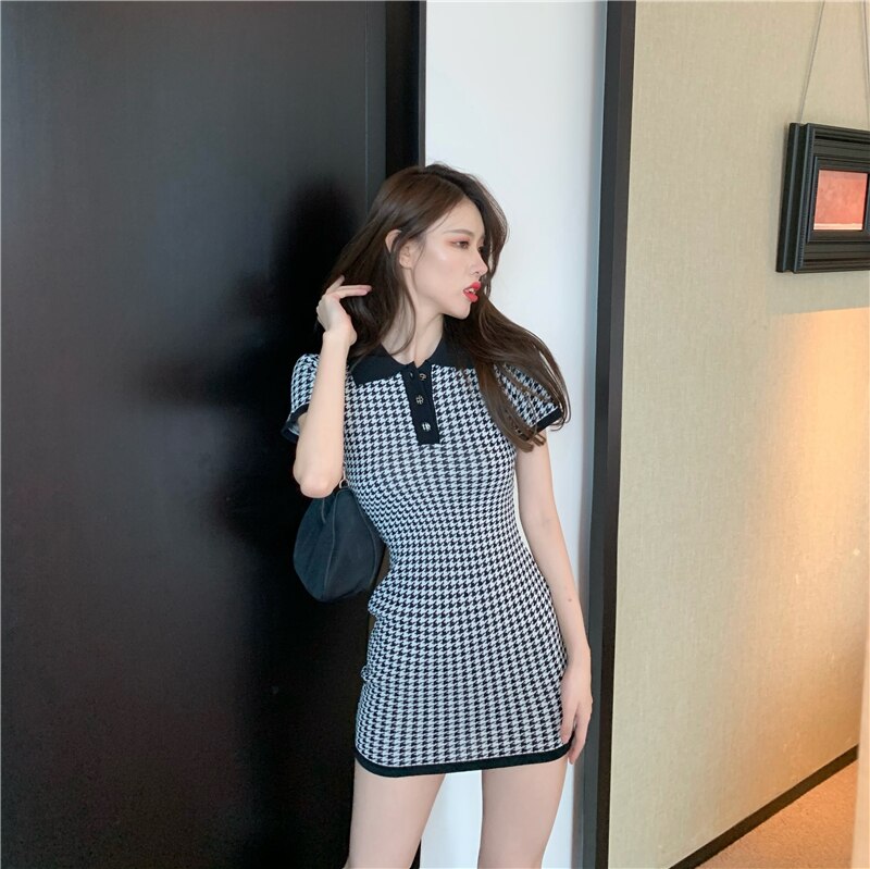 flowersverse Back to school outfit Woman Dresses Summer New Ins Fashion Korean Turn Down Collar Slim Plaid Short Sleeves Female Buttocks Vestidos