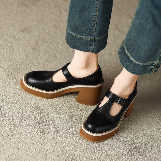 flowersverse NEW Spring Women Shoes Round Toe Chunky Heel Mary Janes Split Leather Platform Shoes for Women Fashion Solid High Heels Women