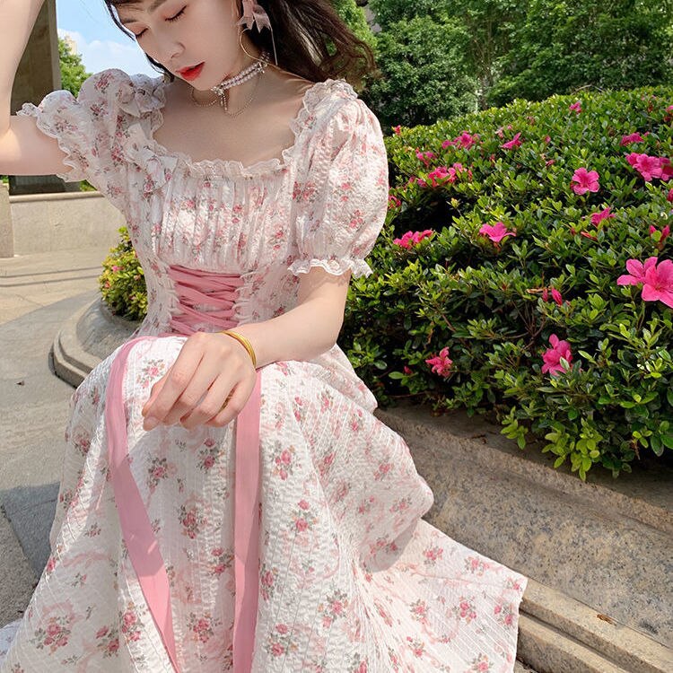 flowersverse Back to school outfit Sweet Summer Dress Women French New Vintage A-Line Short Sleeve Bow High Waist Thin Strap Floral Long Vestidos