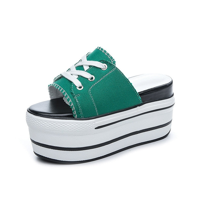 flowersverse 9.5Cm Super High Platform Flats Wedge Genuine Leather Women Summer Shoes Lace Up Open Toe Slides Slippers Mules Sandals