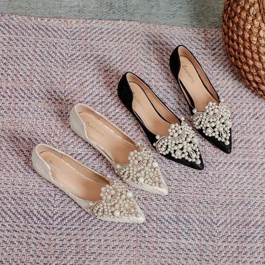 flowersverse-Shoes for Women Wedding Shoes Autumn Women Shoes Plus Size 43 Slip-on Pearl Single Shoes Fashion Party Footwear Zapatos Mujer
