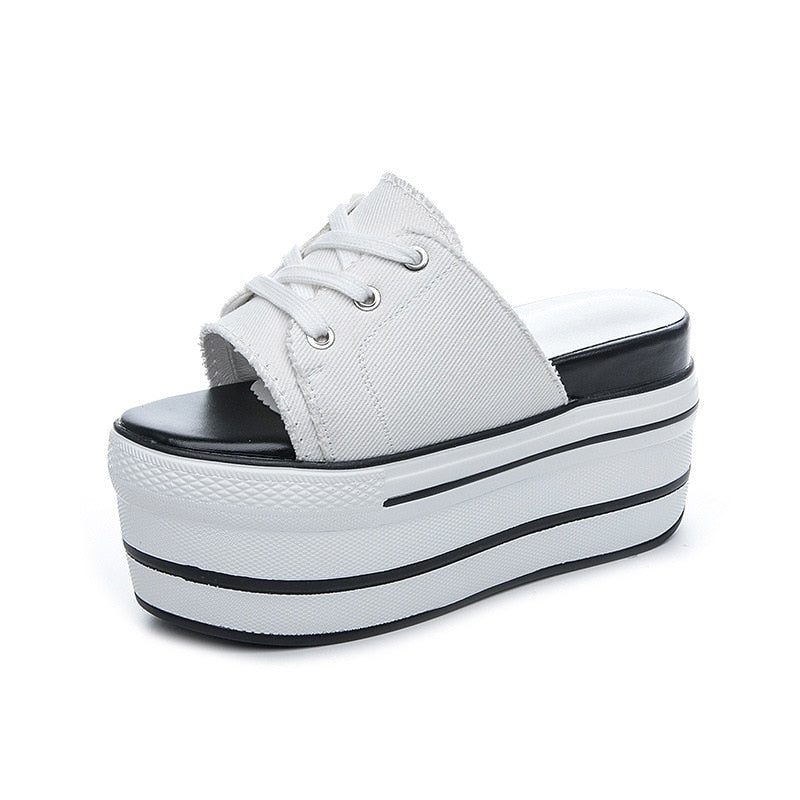 flowersverse 9.5Cm Super High Platform Flats Wedge Genuine Leather Women Summer Shoes Lace Up Open Toe Slides Slippers Mules Sandals