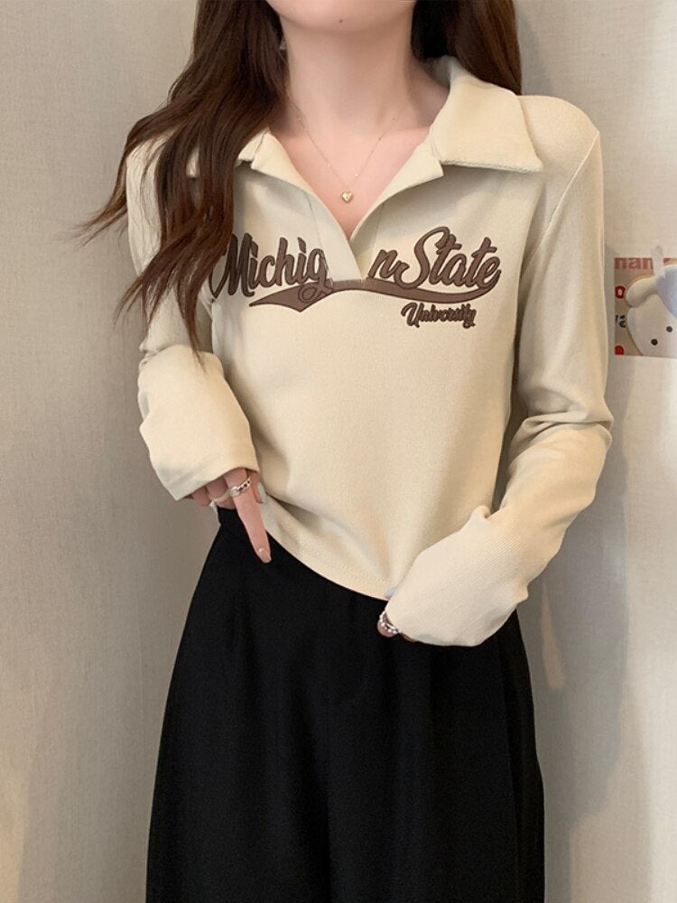 flowersverse Autumn Print Vintage T-shirt Women Korean Fashion Designer Slim Polo Shirt Female Long Sleeve High Street Y2K Casual Tops