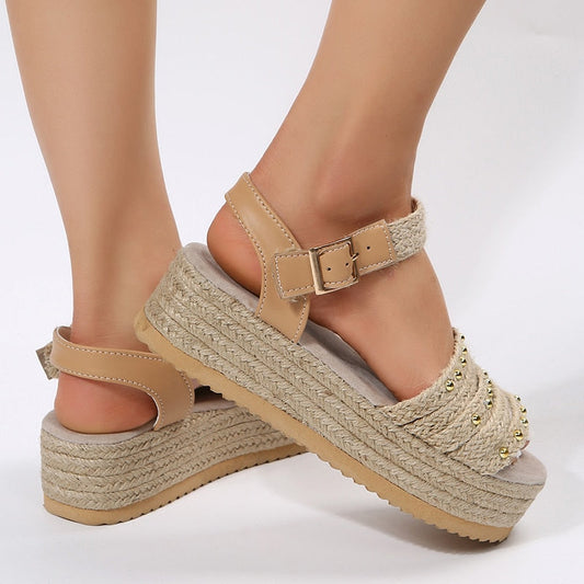 flowersverse Women's Chunky Platform Sandals Thick Bottom Rivet Espadrilles Women Shoes Summer Weaving Gladiator Sandals Woman Plus Size
