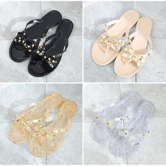 Back To School flowersverse Fashion Slipper Women's Flip Flops Summer Shoes Beach Rivet Big Bow Flat Sandals Jelly Shoes Sandals Girls Hot Sale