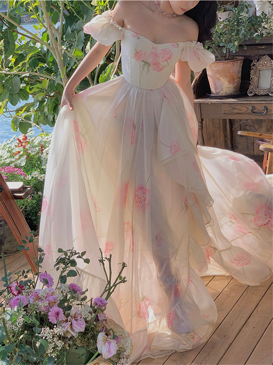 flowersverse Beach Long Dress Women Elegant Korean Summer New Fashion Evening Ladies Vintage Printed Slim Dresses Female Holiday Clothes