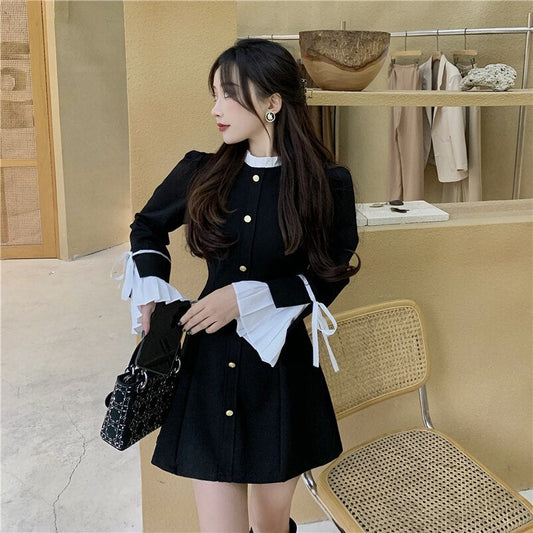 flowersverse Back to school outfit Women Dress Spring Autumn Japanese Sweet Temperament Female Lace-Up Stand-Up Collar Petal Sleeve Design Vestidos