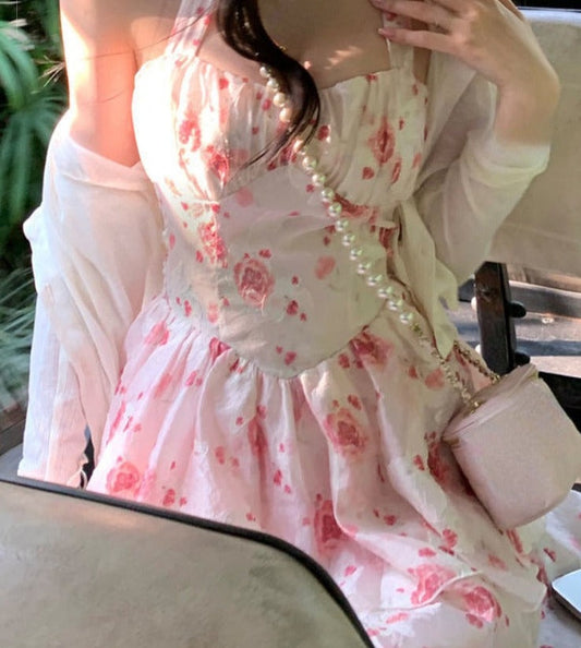 flowersverse Back to school outfit 2 Piece Dress Set Women Floral Mini Dress + Casual Blouse Korean Fashion Suits Sweet Clothing Dress Party Beach Summer