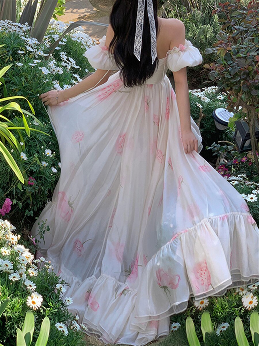 flowersverse Beach Long Dress Women Elegant Korean Summer New Puff Sleeve Fashion Evening Party Ladies Vintage Female Holiday Clothes