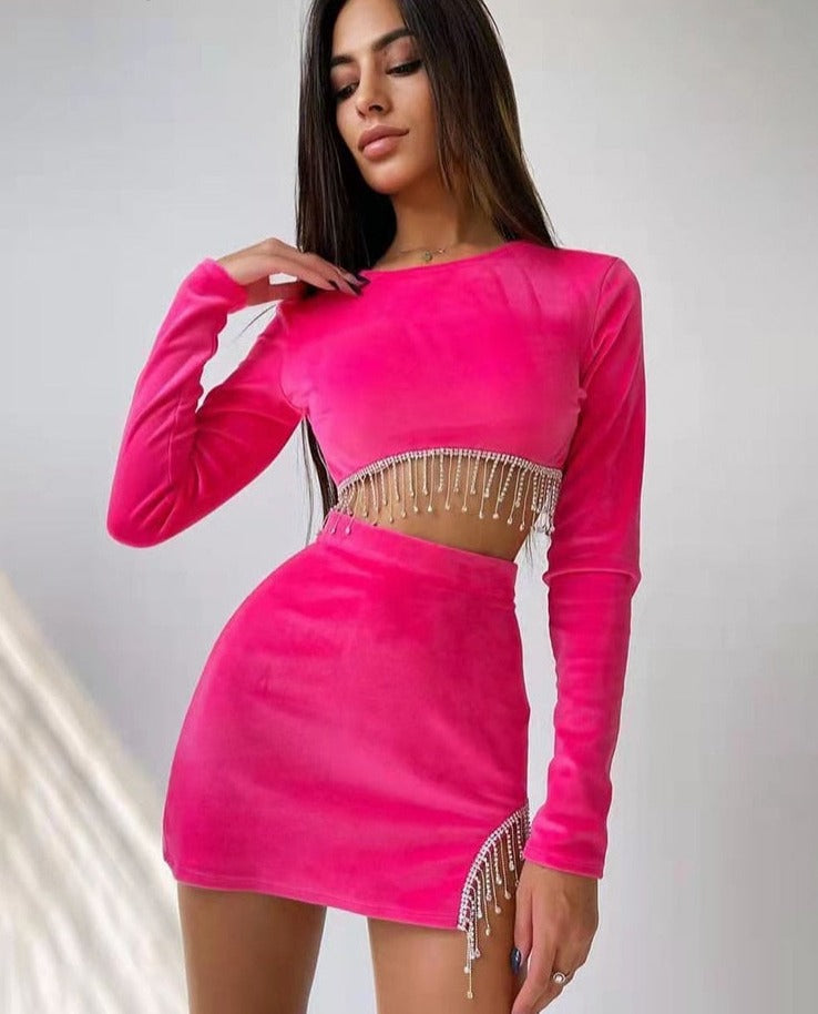 flowersverse Women Fashion Tassel Dress Two Piece Set Sexy Club Long Sleeve Tops And High Waisted Mini Skirt Suit Winter Outfits