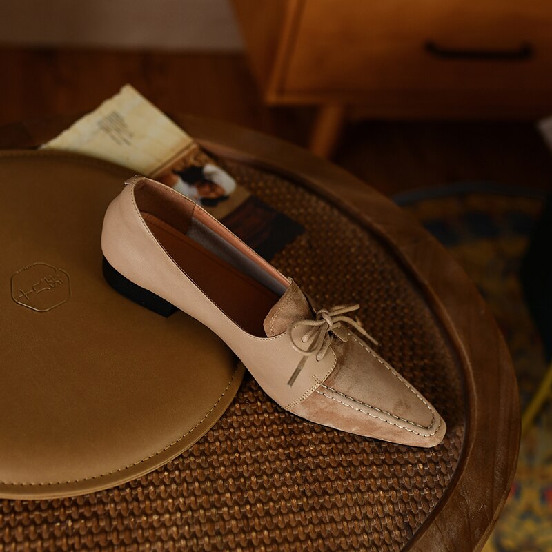 Back to school Women's pumps natural leather 22-24.5cm kid suede+cowhide upper Full leather small square toe lace-up shoes womens shoes