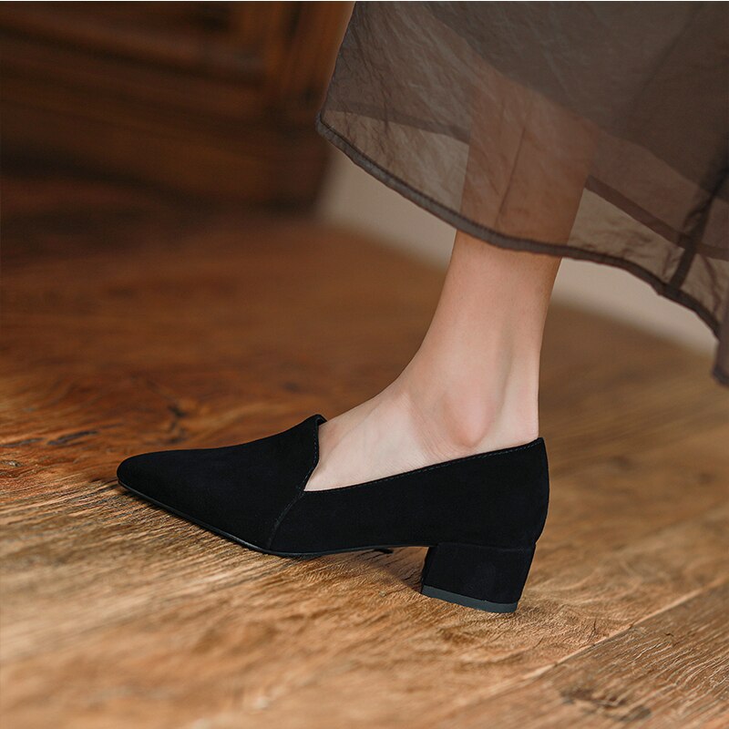 Back to school spring Women's pumps Natural Leather 22-24.5cm Sheep suede upper pointed Thick high heels shoes for women 4/6/8cm heel