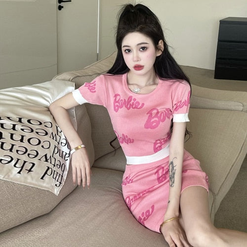 flowersverse Back to school outfit Women Knit 2 Piece Set Sexy Girl Letter Printing Color Matching Short Top Slim Bodycon Skirt Fashion Female Sweet Suit