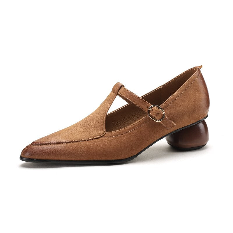 Back to school new Spring women pumps natural leather 22-24.5cm length sheepskin t-tied pointed toe Buckle Mary Jane shoes T-strap