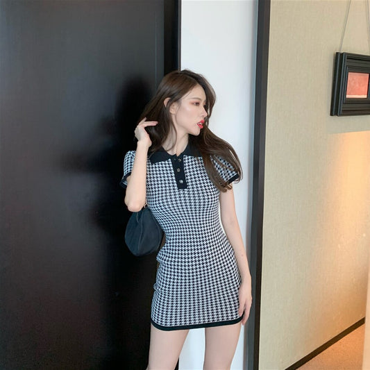 flowersverse Back to school outfit Woman Dresses Summer New Ins Fashion Korean Turn Down Collar Slim Plaid Short Sleeves Female Buttocks Vestidos
