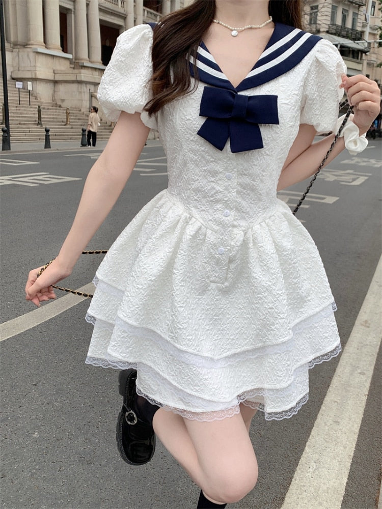 flowersverse Back to school outfit White Y2k Mini Dress Women Casual Sailor Collar Kawaii Clothing Lolita Evening Short Party Dress Elegant Vintage Summer