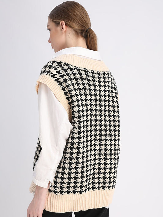 flowersverse Autumn Winter Women Sweater Vest Houndstooth Loose Knitted V-Neck Sleeveless Chic Top Fashion Vintage Sweater Female Waistcoat