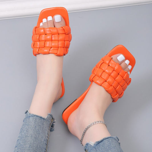 flowersverse Design Weave Soft Slippers for Women Summer Orange PU Leather Beach Flip Flops Female Square Toe Flat Sandals Plus Size 43