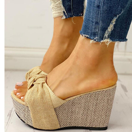 flowersverse Bow Tied Slip on Leisure Platform Summer Sandals Wedges High Heels Women Shoes Woman Mules Flip Flops