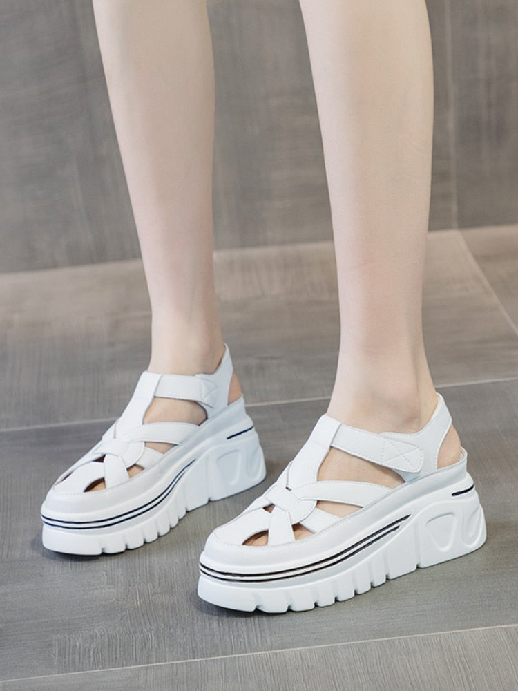 flowersverse 6Cm Genuine Leather Women Platform Sandals Wedge Slides Hook Look Women Summer Shoes Slides Slippers Elegant White Shoes