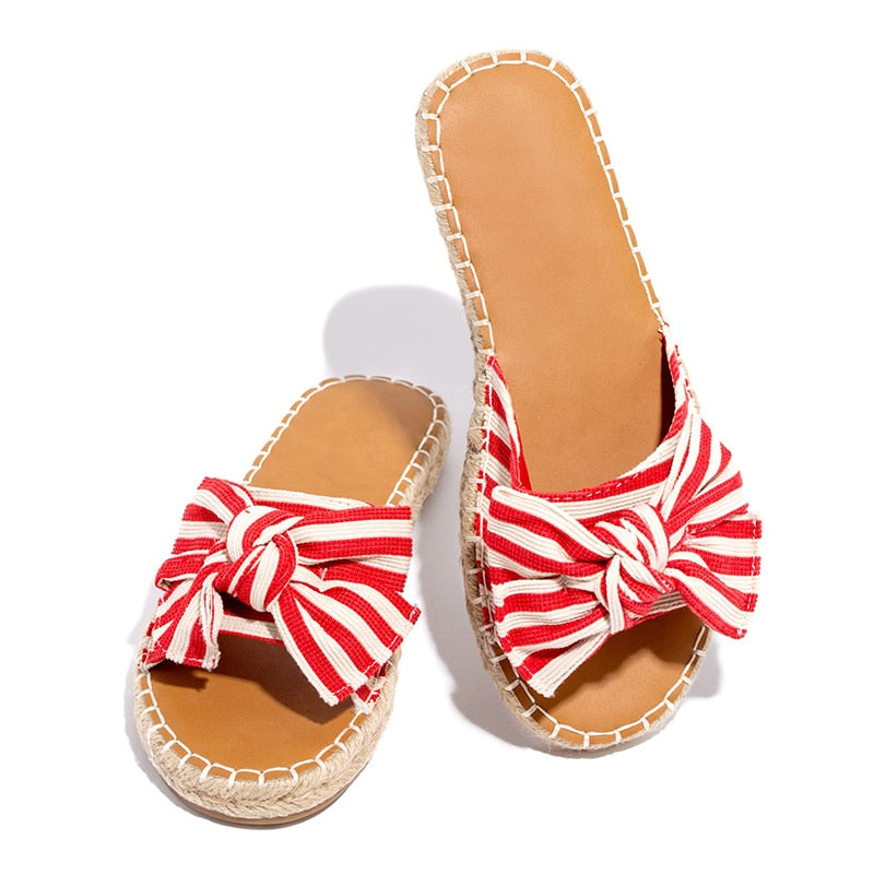 Back to school flowersverse Women's Bow Slippers Summer Ladies Sandals Flat Woman Stripe Open Toe Slides Female Beach Shoes Women Slip On Footwear